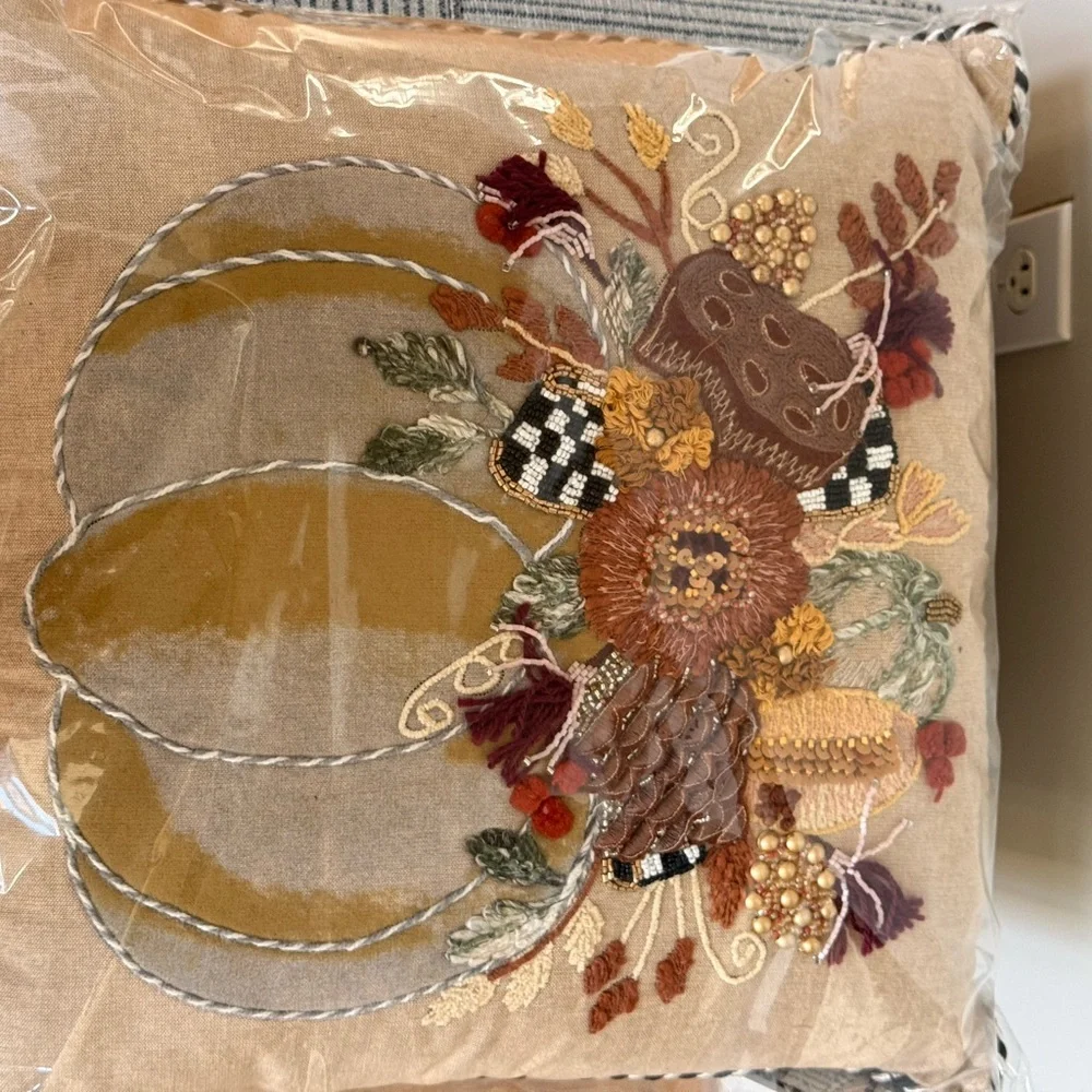 MacKenzie-Childs Autumn Frost Beaded Pumpkin Throw Pillow-NWT